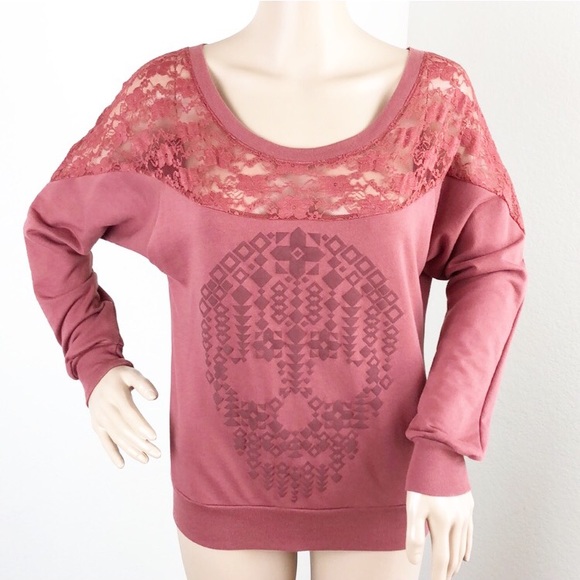 Full Tilt Sweaters - Full Tilt dark rust lace skull sweater